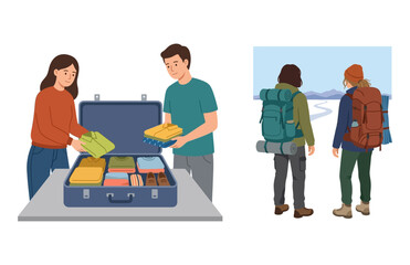 Obraz premium Couple Packing Luggage for Vacation and Preparing for Outdoor Hiking Adventure Journey