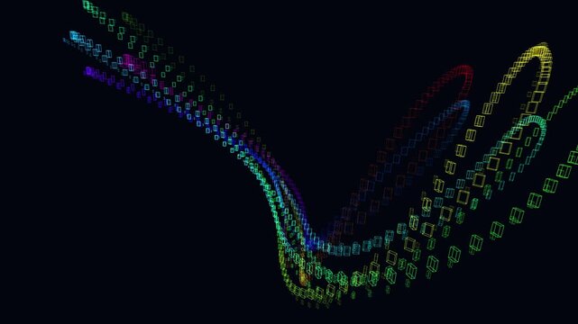 Vibrant HSB neon trails trace a cinematic, looping aerodynamic flight path across a dark virtual space in this energetic, high-speed abstract motion background.