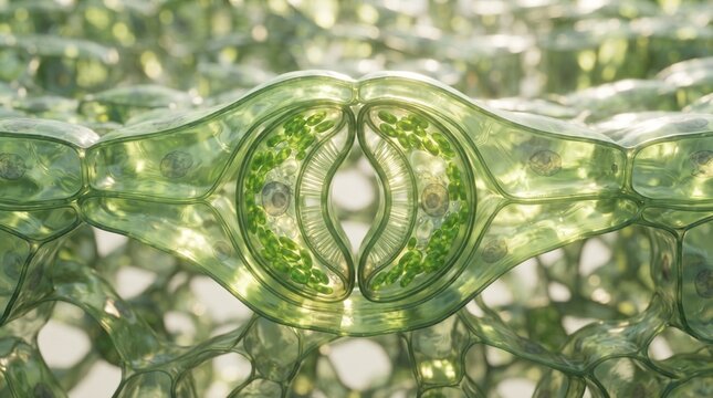 Detailed 3D Render of Plant Stomata with Guard Cells and Green Chloroplasts for Photosynthesis.
