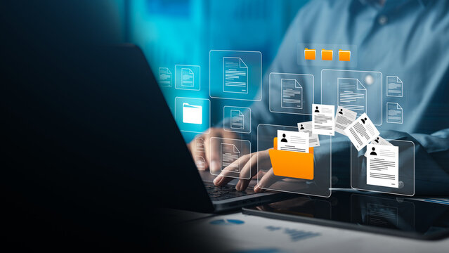 Businessman organizing digital documents for cloud data storage and technology, concept of document folder database.