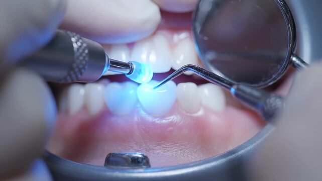 Professional Dental Procedure, Dentist Curing Composite Resin Filling Using Blue Light Lamp. Close up view of oral cavity treatment, dental health care restoration process in medical clinic office.