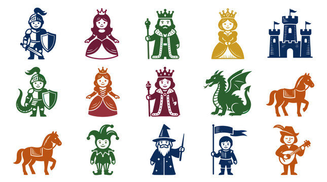 Flat Glyph Medieval Fantasy Characters and Royal Elements Vector Icons Collection for Fairytale Themes