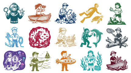 Fototapeta premium Kids Underwater Adventure Icons: Scuba Diver, Boat, Turtle, Submarine, Dolphin