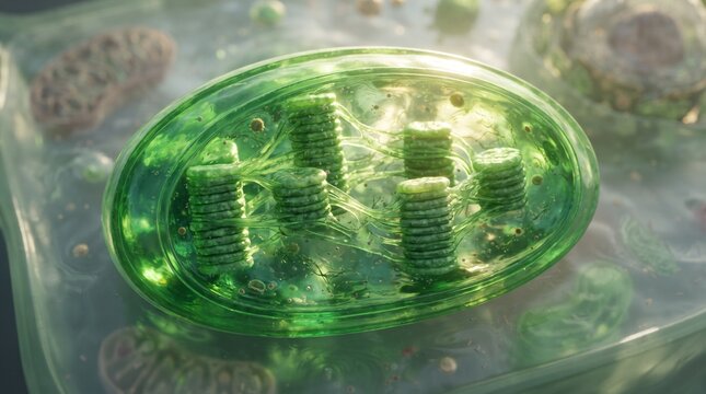 Stunning illustration of a chloroplast organelle performing photosynthesis inside a plant cell.