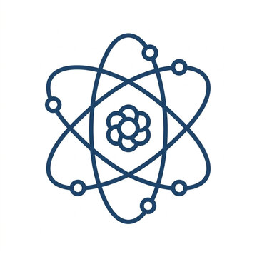 Stylized atomic structure illustration with orbiting electrons and nucleus.