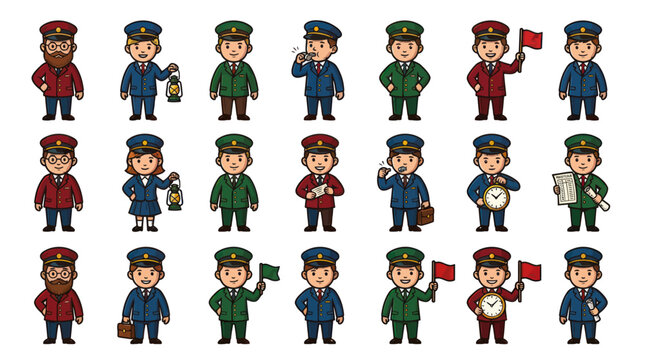 Retro Railway Conductor and Postal Service Worker Cartoon Character Vector Set
