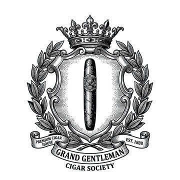 Vintage style emblem logo design featuring a premium cigar inside a royal crest shield with crown and laurel branches.