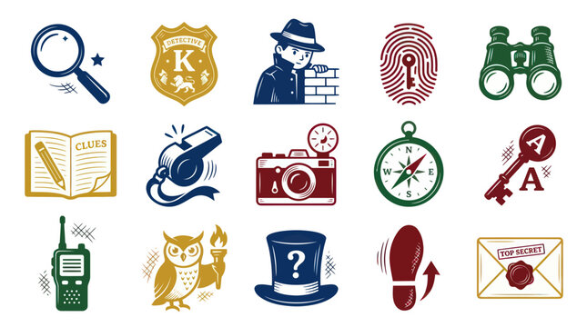Detective Icons: Magnifying Glass, Binoculars, Camera, Footprint, Owl, Top Secret Envelope