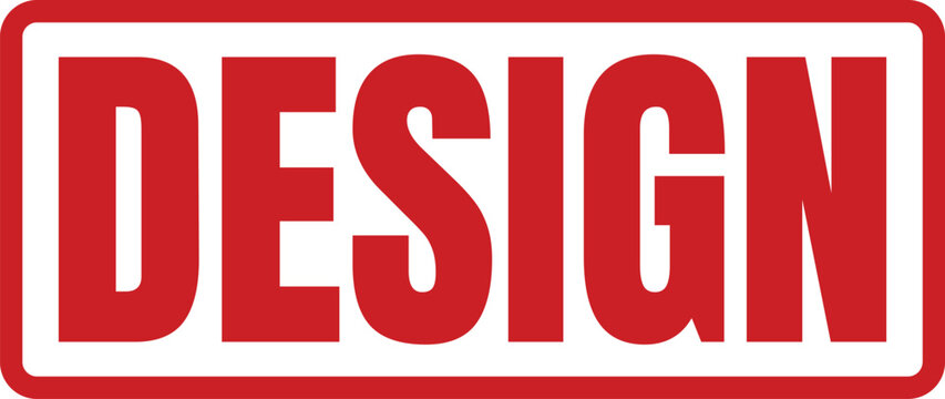 A bold red stamp design featuring the word Design displayed in modern professional uppercase typography