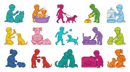 Fototapeta premium Children and Pets Flat Vector Illustration Set. Kids Learning Responsibility: Feeding, Grooming, Playing with Animals