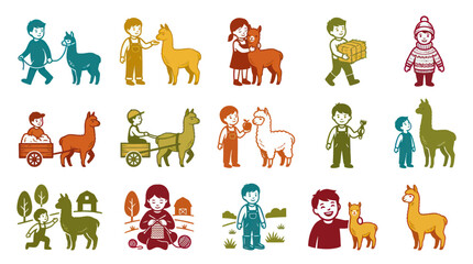 Fototapeta premium Flat Style Vector Icons of Children and Alpacas on a Farm