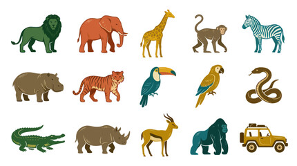 Obraz premium Safari Animals Flat Vector Illustration Set: African Wildlife, Jungle Creatures, Birds, Reptiles Jeep Collection