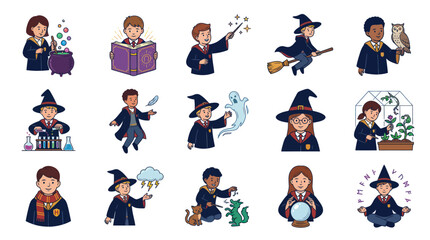 Obraz premium Fantasy Magic School Flat Cartoon Vector: Diverse Young Wizards and Witches Learning Spells.