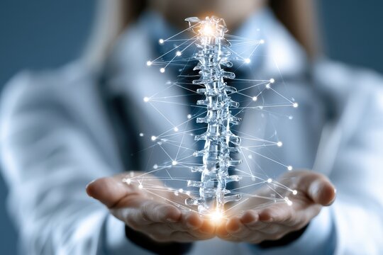Medical professional holding digital model of human spine isolated on white background