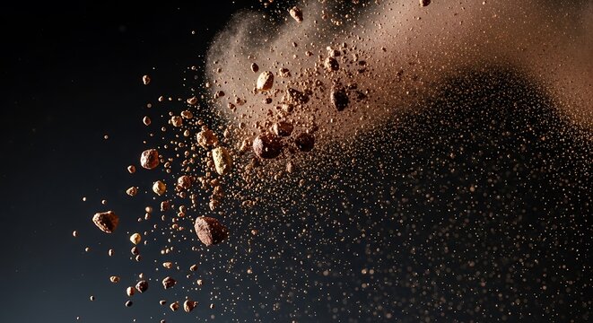 Brown powder and particles exploding in midair on dark background