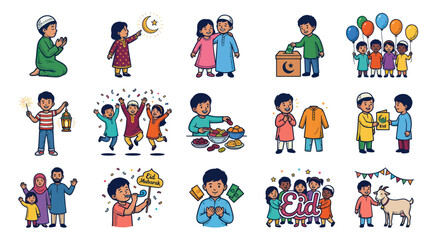 Fototapeta premium Happy Muslim Children and Family Celebrating Eid Mubarak and Ramadan Festivities - Cartoon Vector Set