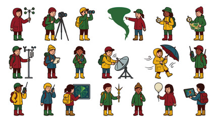 Fototapeta premium Meteorology Kids Characters: Weather Science Equipment Storm Illustrations
