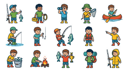 Fototapeta premium Cartoon Boys Fishing Outdoor Adventures Vector Illustration Set. Kids Camping, Boating, Nature Recreation.