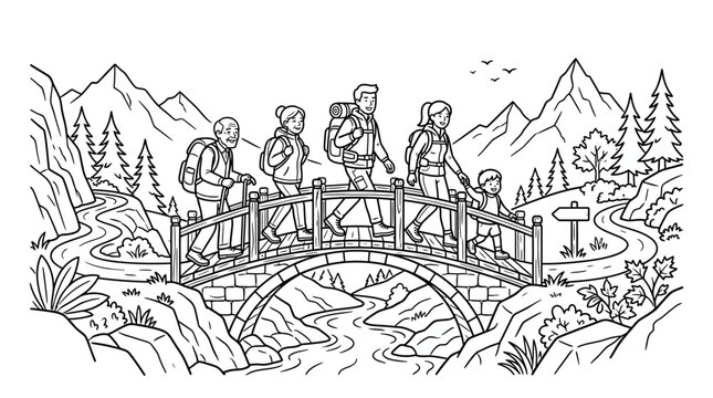 A family of hikers walking across a stone bridge in the mountains.