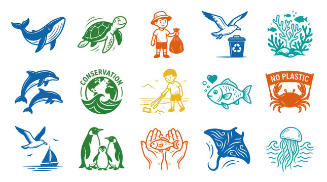 Ocean Conservation Marine Life Flat Vector Icon Set - Environmental Protection and Nature Collection