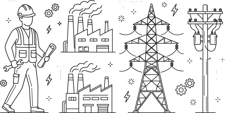 Electrical engineer worker icons set with power lines high voltage tower factory factory linear vector outline illustration background