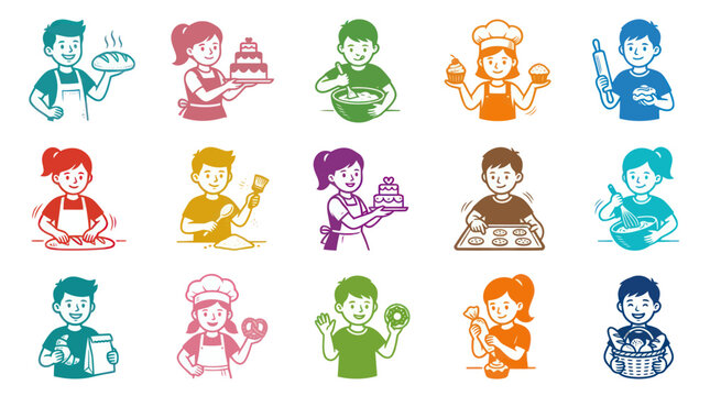 Happy Bakers and Chefs Line Art Icons with Color Fill. Diverse People Baking Food and Cooking Industry Characters