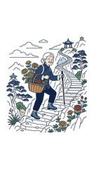 Obraz premium An elderly woman with white hair climbing stone stairs while carrying a basket of flowers.