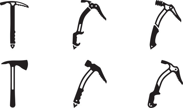 Six different types of ice axes and ice picks in black and white Vector