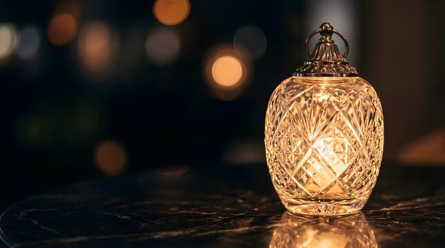 Glowing crystal lantern on marble table for evening holiday celebration