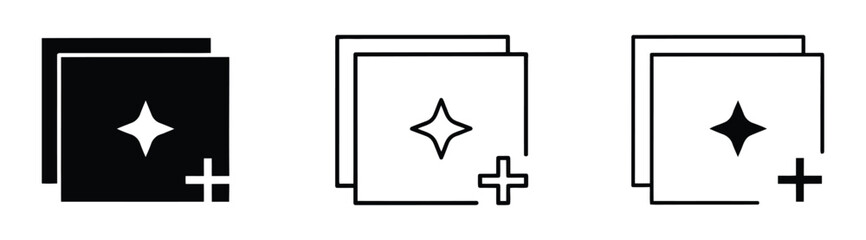 document icons with plus signs and starburst. document icons with magic stars sparkle. artificial intelligence text file writing symbol. digital document design. writing assistance and automated. © muni