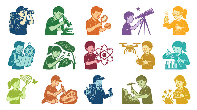 Children Exploring Science, Nature, and Technology with Fun Vector Illustrations