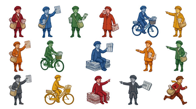Vintage Hand-Drawn Vector Illustration Set of Newsboys, Paperboys and Newspapers for Media and Publishing