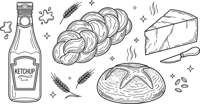 Bakery food elements set with braided challah round bread loaf ketchup bottle cheese hand drawn sketch outline illustration