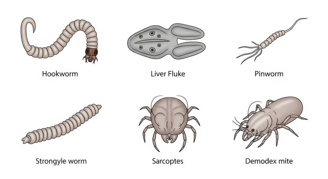 Illustration of various parasites including hookworm, liver fluke, pinworm, strongyle worm, sarcoptes, and demodex mite. Veterinary medical chart for animal disease and infestation study.