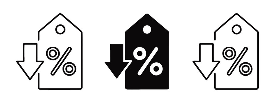 Discount tag icon design. Price Tag Icons, Percentage Discount, Sale Down Arrow, Vector Set. percent discount arrow icons on white background.