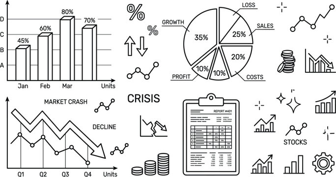 Business financial analysis charts market crash market crisis data report and economic decline line art vector icons