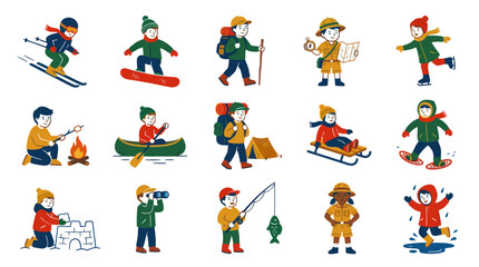 Fototapeta premium Flat Style Vector Illustration of Kids Enjoying Outdoor Winter and Summer Activities