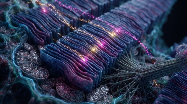 Detailed 3D Render of Cellular Components, Mitochondria, and Dynamic Energy Flow