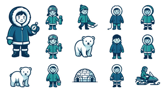 Cute Arctic Kids and Animals in Flat Cartoon Style for Winter Design