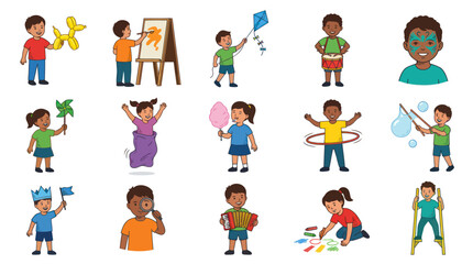 Fototapeta premium Happy Kids Playing and Childhood Activities Flat Cartoon Vector Illustration Set
