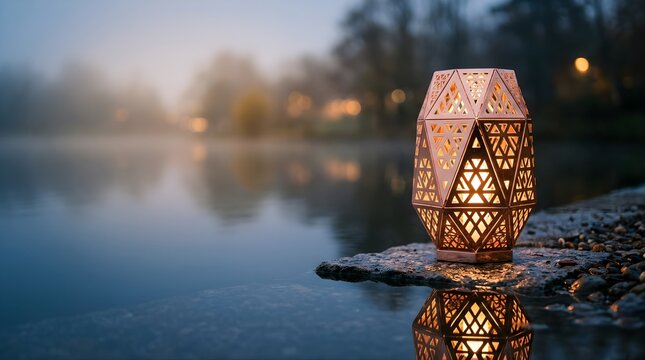 Glowing geometric lantern reflecting on a foggy lake during evening time