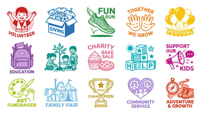 Community Service Icons: Volunteer, Giving, Fun Run, Festival, Charity, Education, Help, Kids