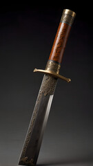 Fototapeta premium Antique ornate dagger: A beautifully crafted antique dagger with intricate etchings on the blade and a decorative handle, presented on a dark, unobtrusive background.