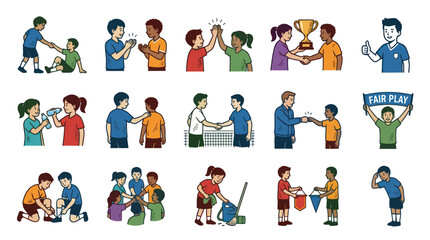 Fototapeta premium Cartoon Vector Illustrations of Sportsmanship, Teamwork, and Social Values for Kids and Education