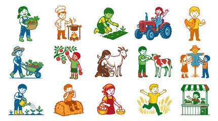 Fototapeta premium Farm Life Kids Cartoon Flat Vector Set - Agriculture Farming