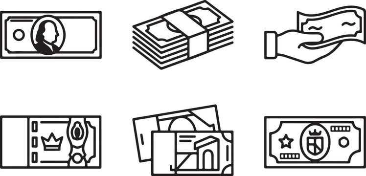 Six money and finance icons showing different currency symbols and transactions Vector