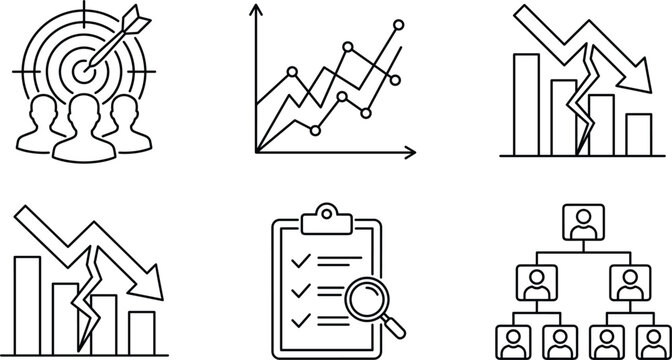 Business target growth graph decline chart checklist audit and corporate organizational hierarchy structure line art vector icons