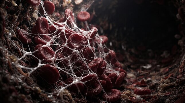 Intricate microscopic representation of blood clotting with red blood cells and fibrin.