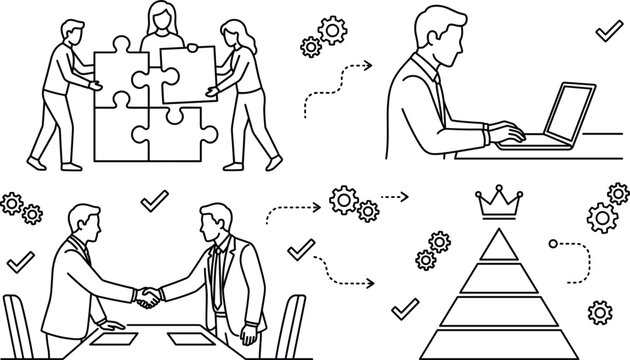 Business teamwork puzzle solution laptop worker handshake deal and corporate hierarchy pyramid line art vector icons set