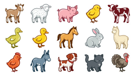 Fototapeta premium Cute Cartoon Farm and Domestic Animals Vector Set. Flat Style Livestock and Pets for Kids Education.